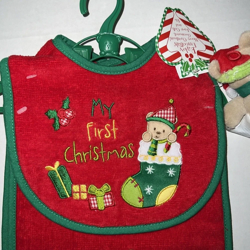 Set of 2‎ Baby Essentials My First Christmas Bib, Burp Cloth and Ornament NEW
